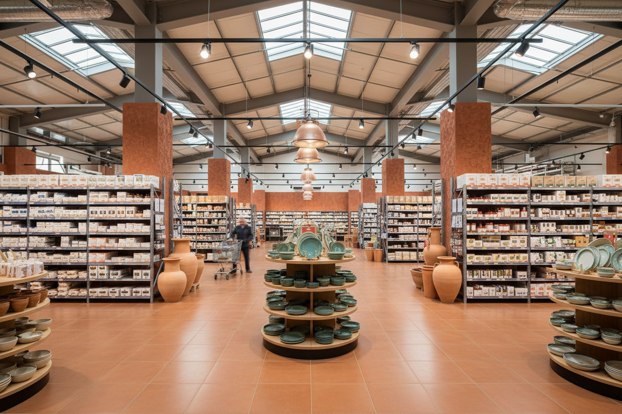 фото магазина склада с освещением с терракотовыми деталями
